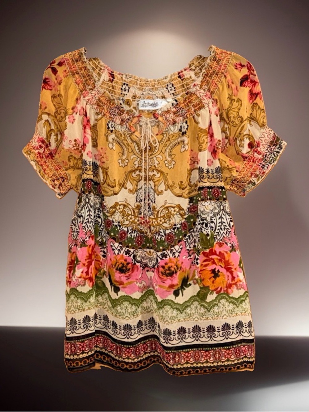 Forbidden Boho Floral Peasant Tunic Top in Mustard and Pink-L-EC